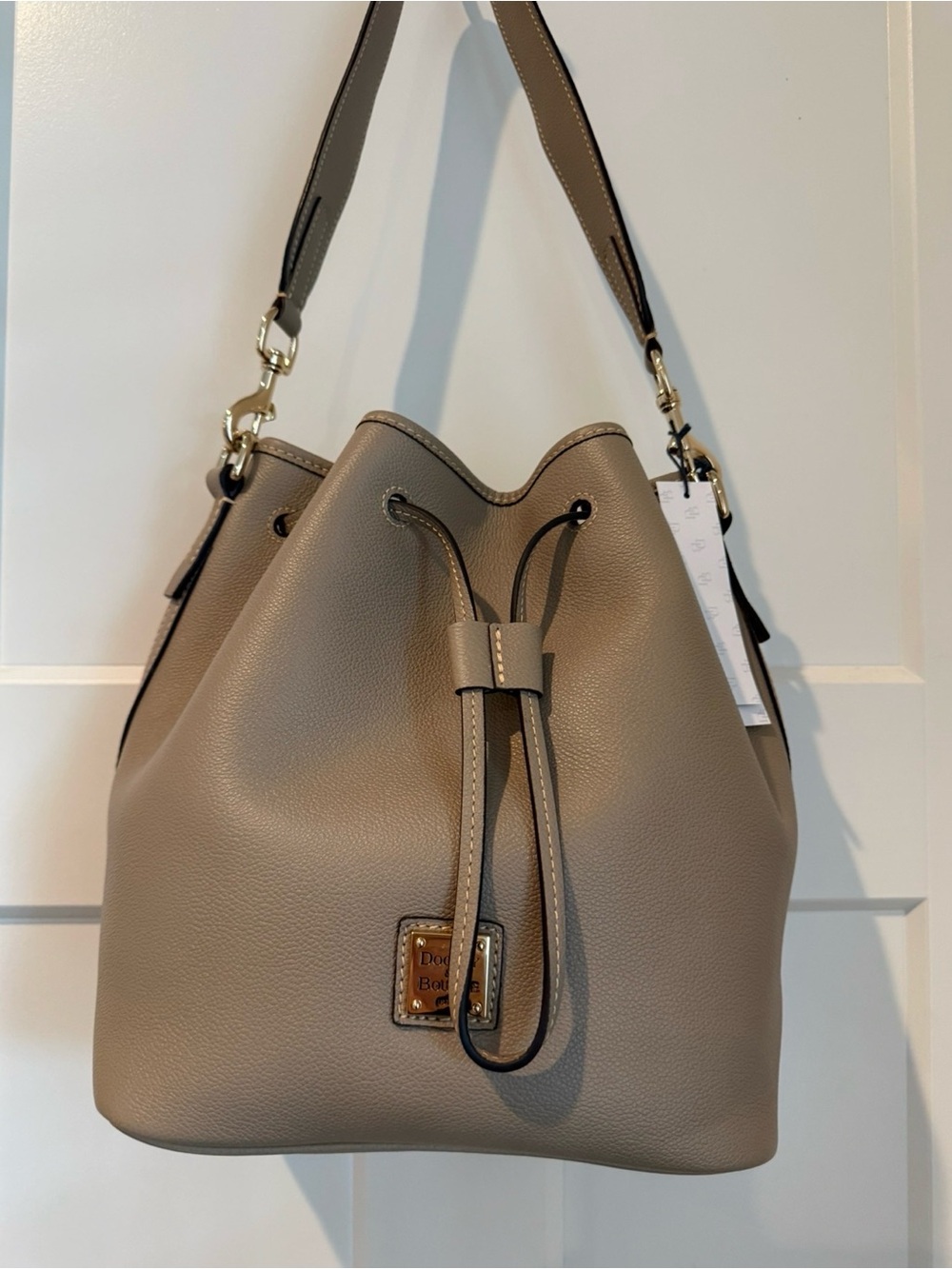 Dooney & Bourke Taupe Pebble Drawstring Shoulder Bucket Bag